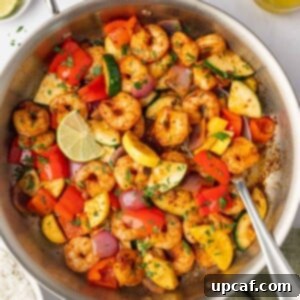 Low-carb shrimp and vegetable skillet meal after cooking.