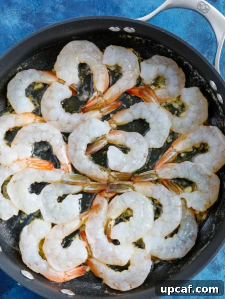 Garlic Shrimp sizzling in the pan Garlic shrimp cooking in a skillet with spices