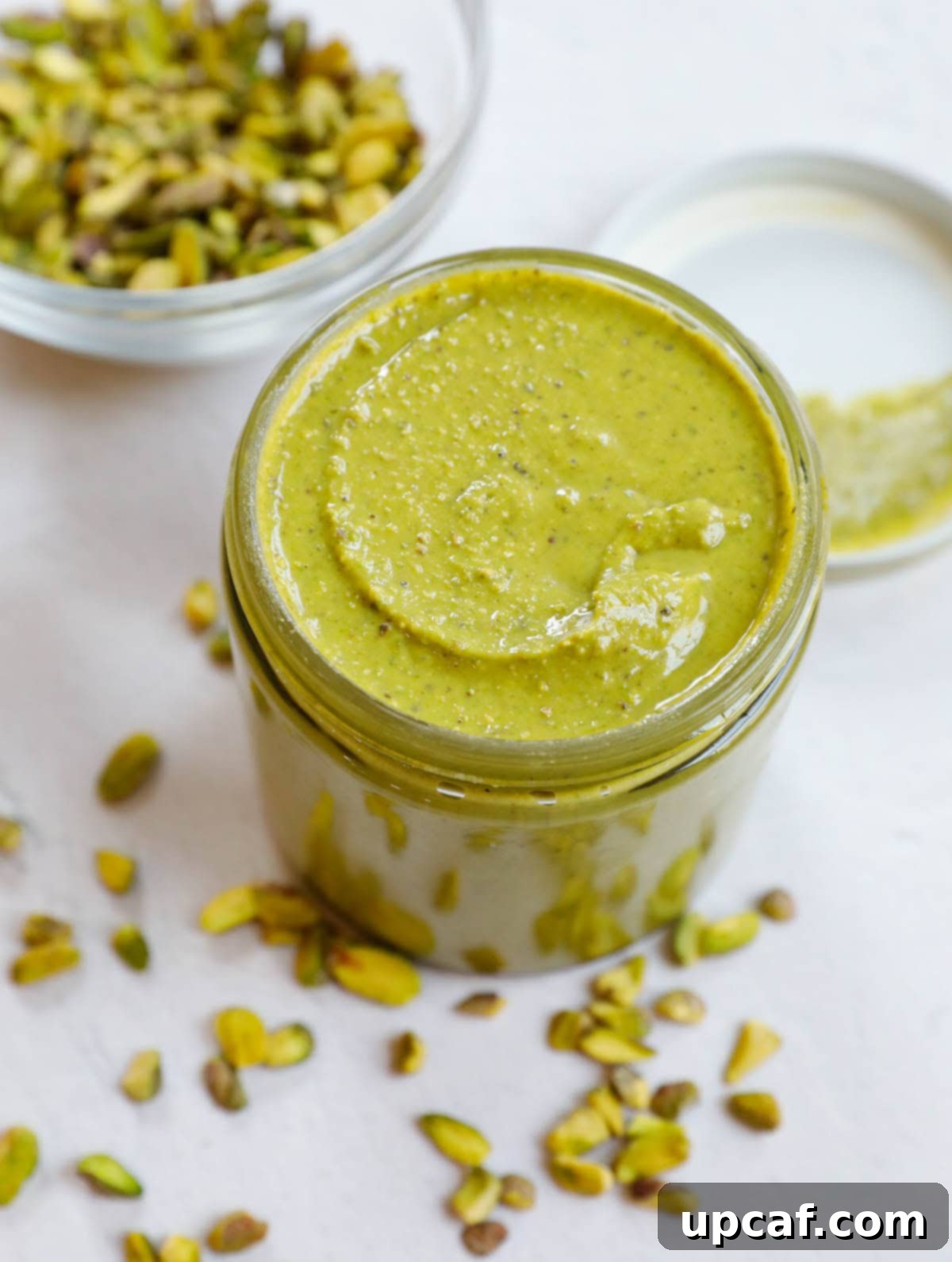 Velvety Pistachio Cream 2 A jar filled with homemade pistachio cream, showcasing its smooth, vibrant green texture.
