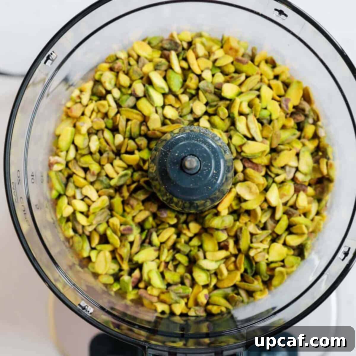 Velvety Pistachio Cream 4 Whole raw pistachios in a food processor bowl, ready for blending.