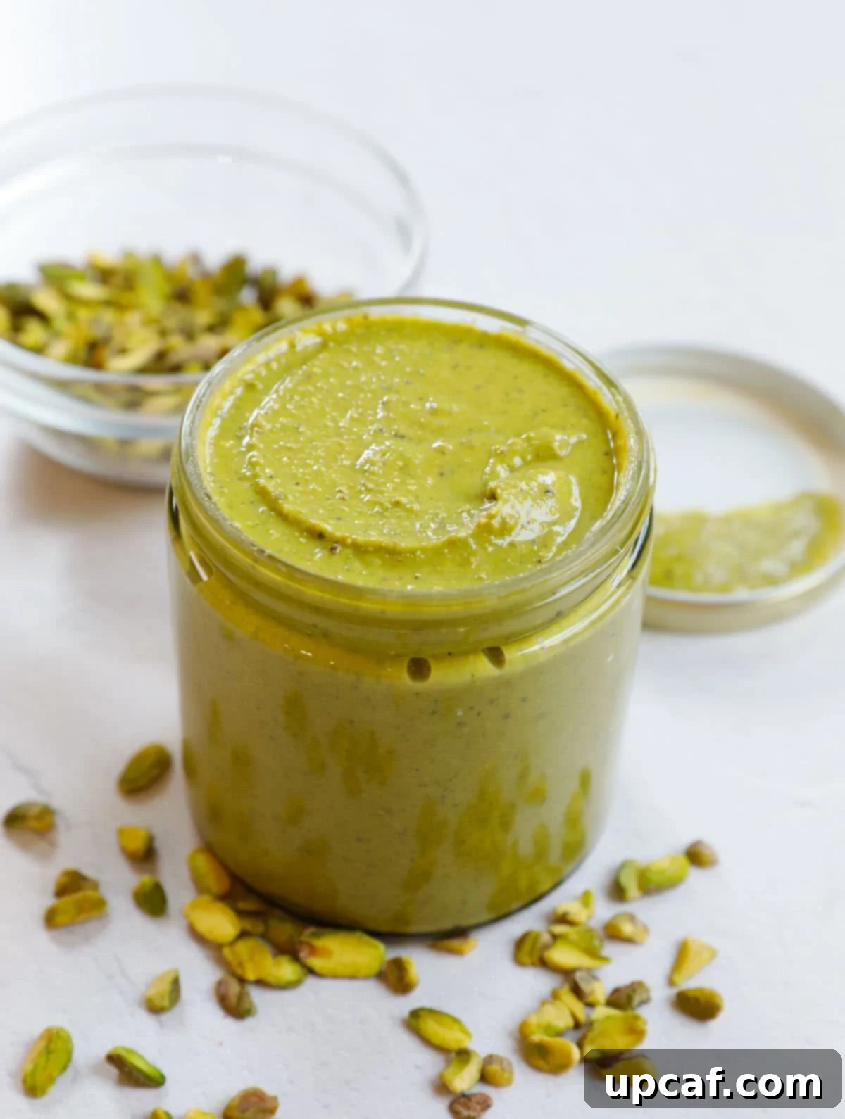 Velvety Pistachio Cream 8 A sealed jar of homemade pistachio cream in a refrigerator, ready for storage.