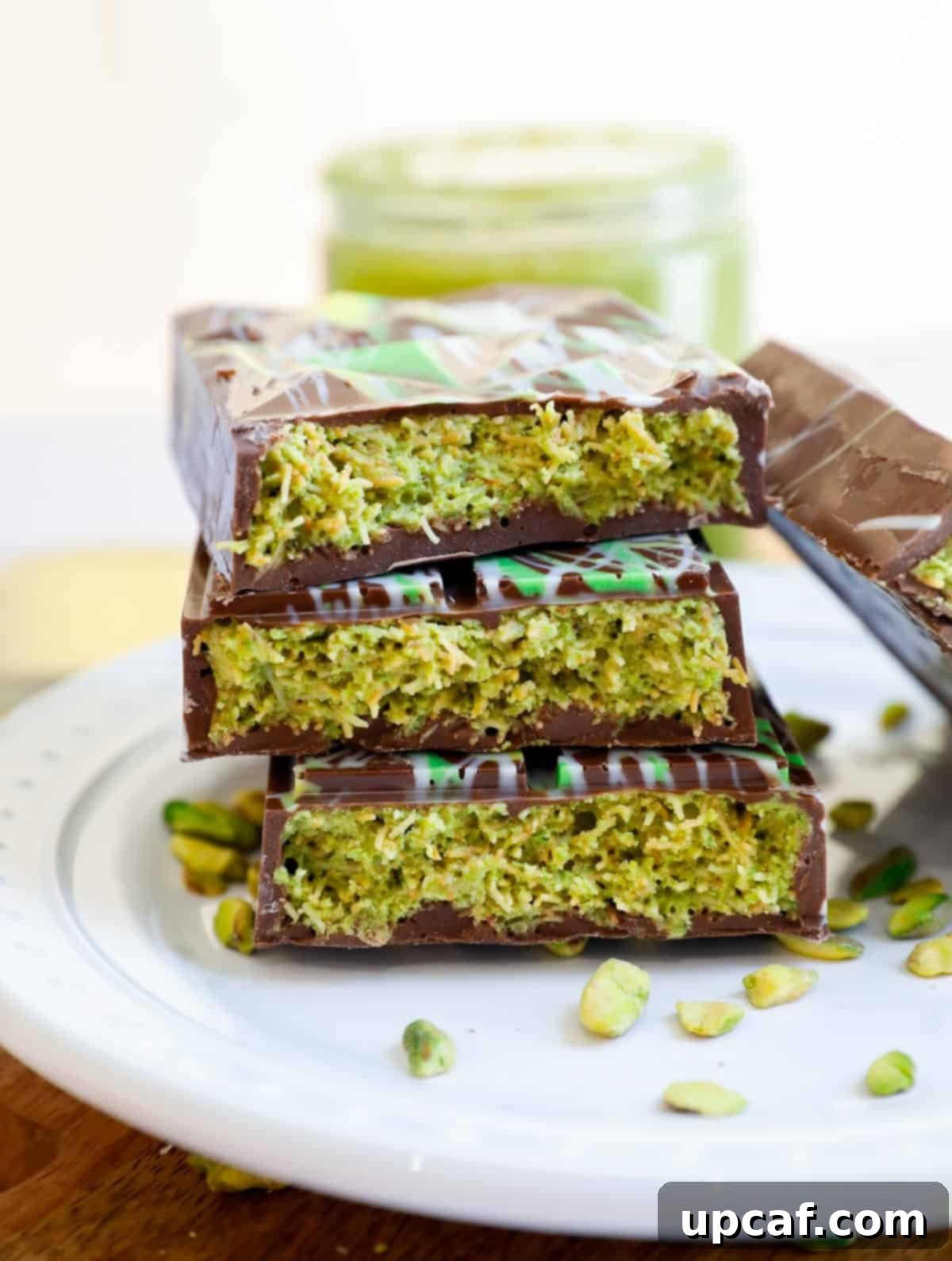 Dubai Chocolate Bar split in half and stacked on top of each other.