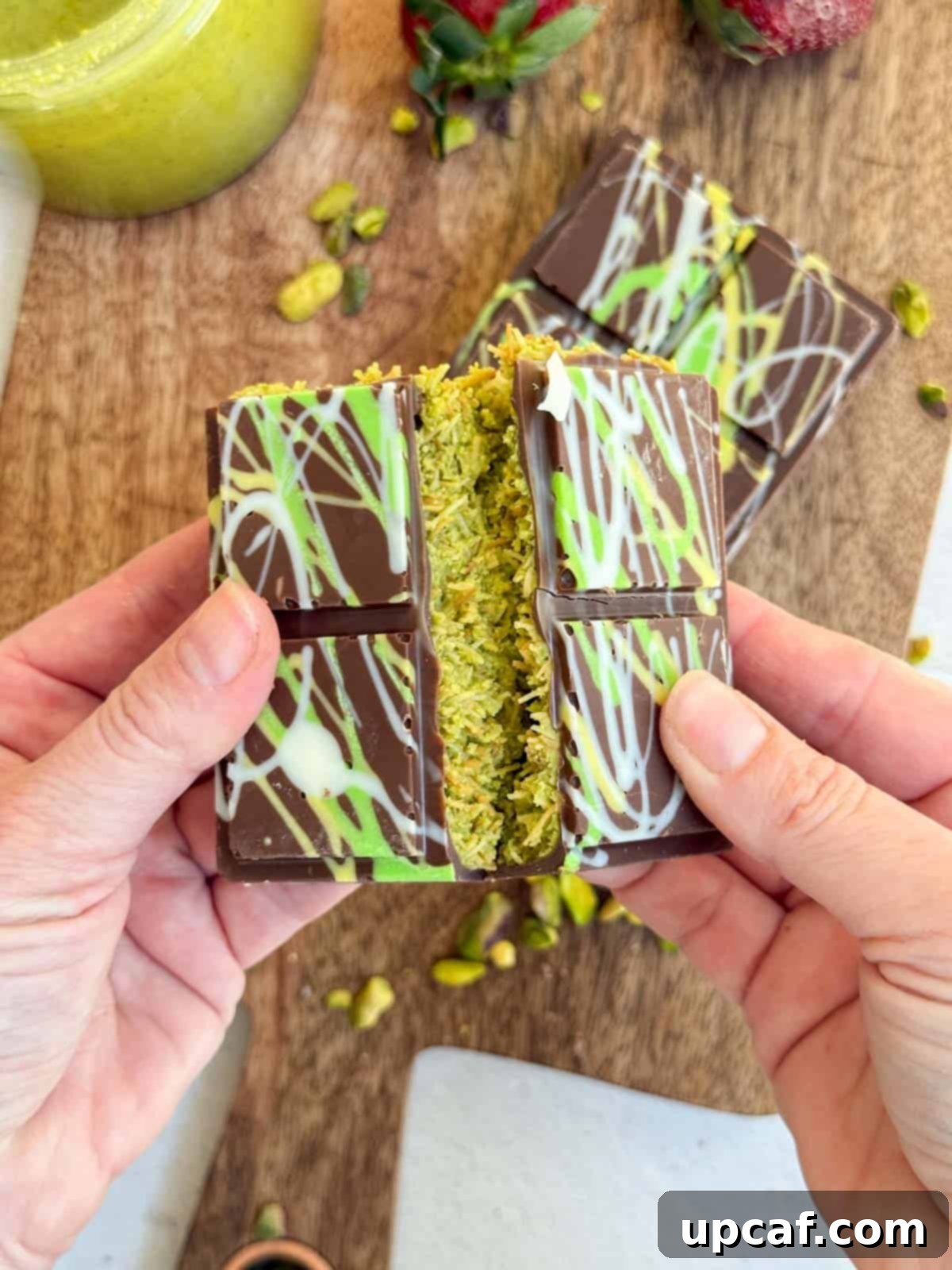 Hands breaking the Dubai Chocolate Bar.