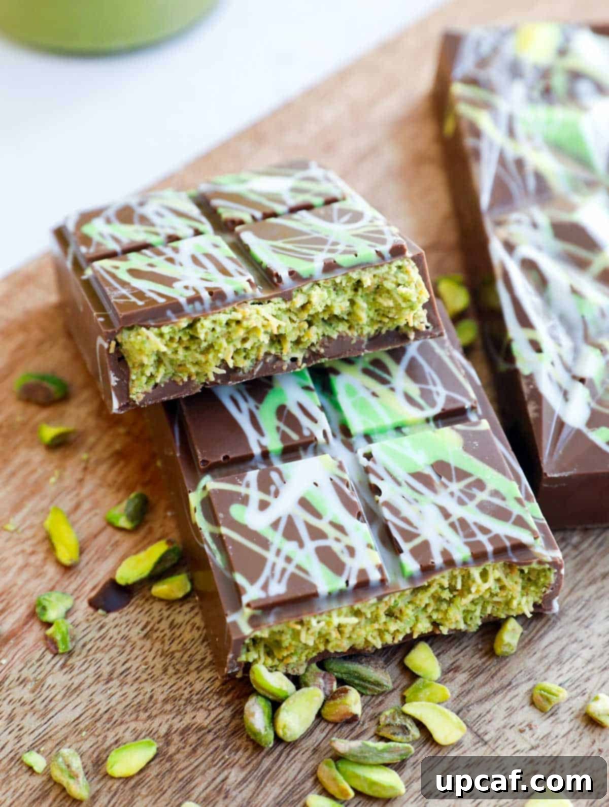 Dubai Chocolate Bar split in half and stacked on top of each other.