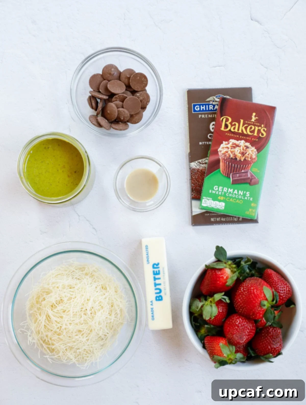 Ingredients of Dubai Strawberry Cup laid out.