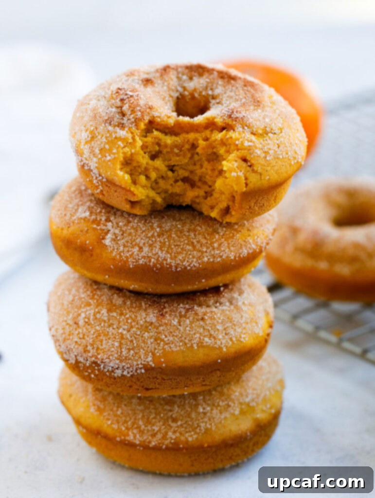 stack of baked pumpkin donuts, golden brown and coated in cinnamon sugar, ready to be enjoyed