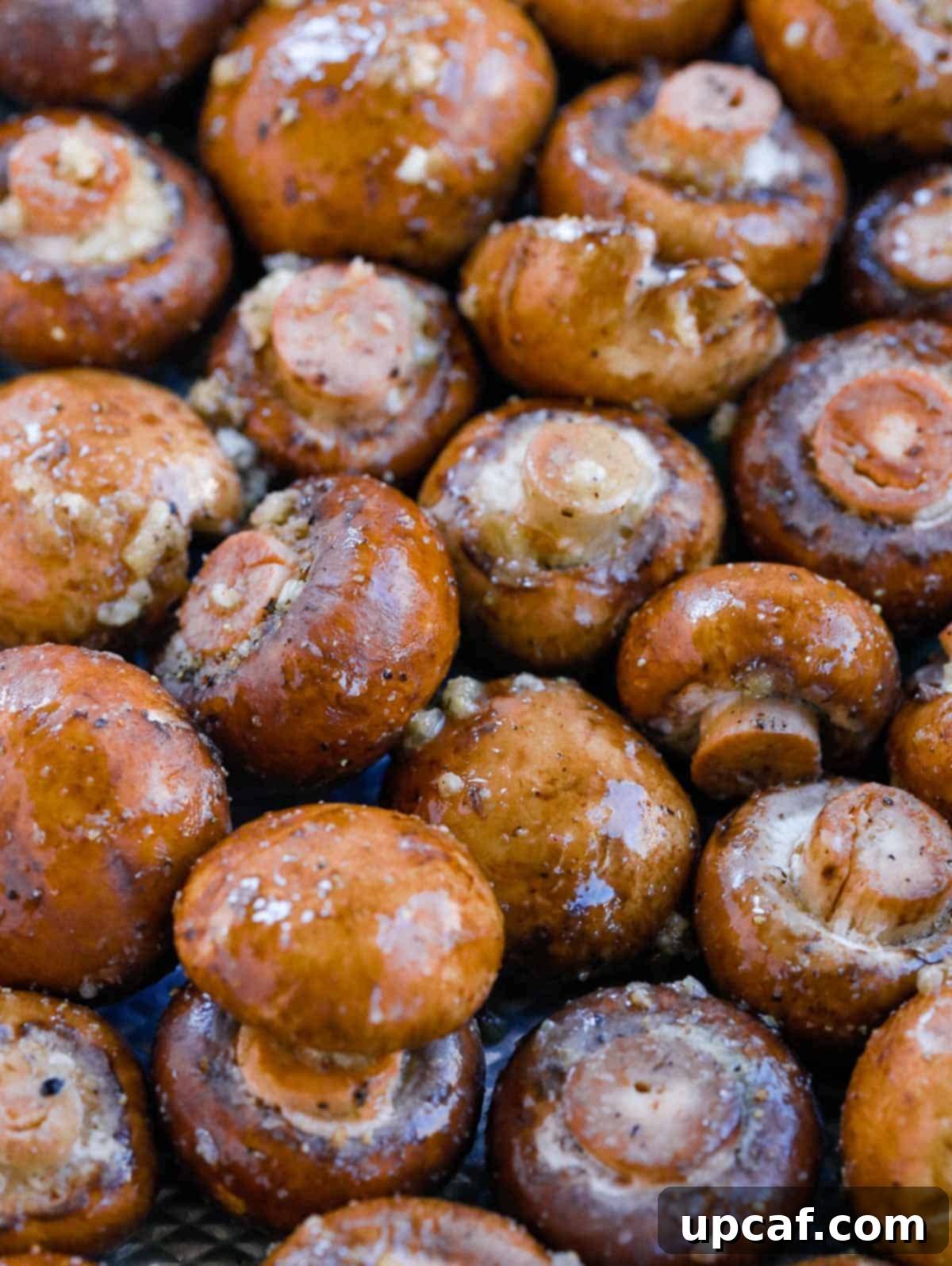 Roasted garlic mushrooms beautifully presented on a sheet pan, ready to be served.