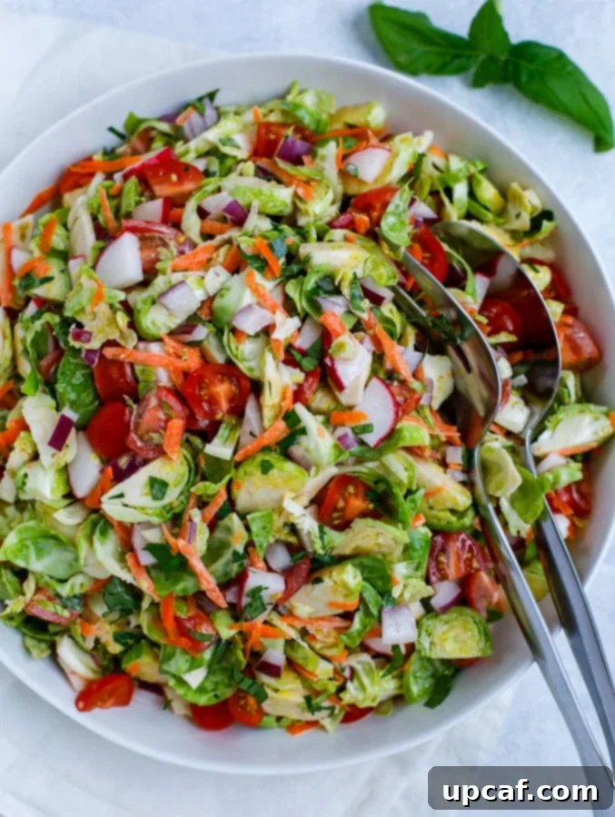 A beautifully presented Brussels sprouts salad in a white bowl, garnished and ready to serve.