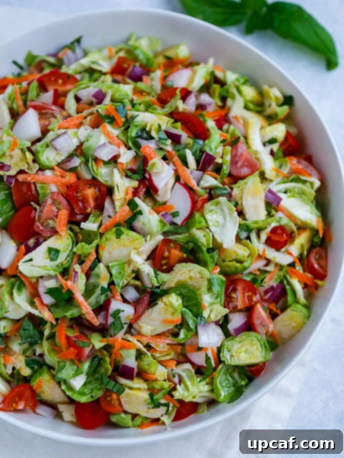 A top-down view of the finished Brussels sprouts salad, showcasing its colorful ingredients and creamy dressing.