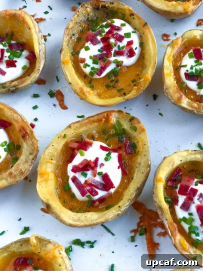 baked potato skins Top down shot of Crispy Baked Potato Skins, generously loaded with cheese, sour cream, turkey bacon, and chives, presented on a rustic wooden board.