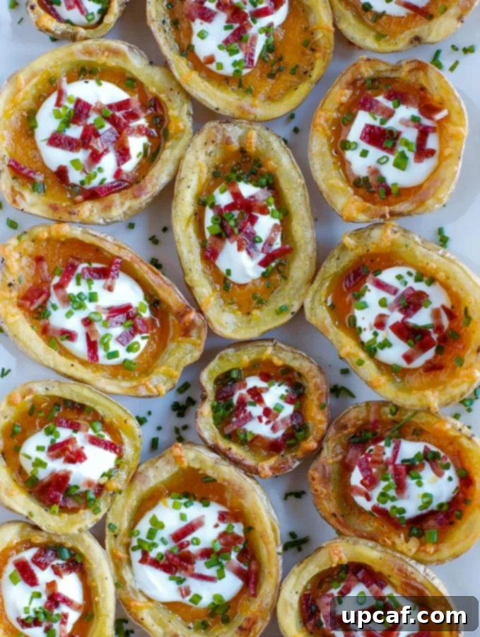 cripsy baked potato skins Overhead shot of freshly baked potato skins, adorned with sour cream, crispy turkey bacon, and vibrant chives, ready to be served.