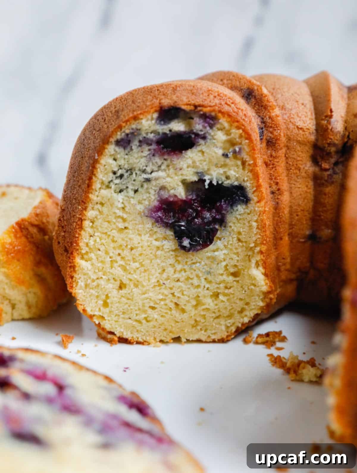A close-up view of a perfectly baked blueberry Bundt cake, showing its moist interior and evenly distributed blueberries.