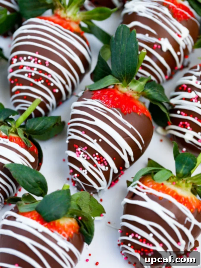 Rows of beautifully arranged Easy Chocolate Covered Strawberries, some drizzled with white chocolate, showcasing their exquisite appeal.