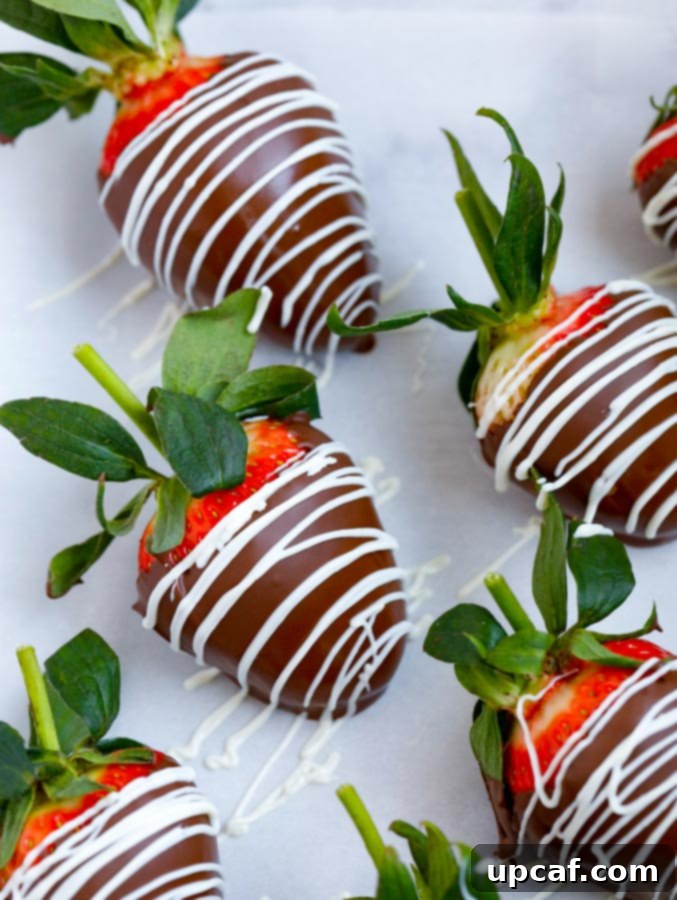 A selection of chocolate-covered strawberries, some intricately drizzled with elegant lines of white chocolate, adding a sophisticated touch.