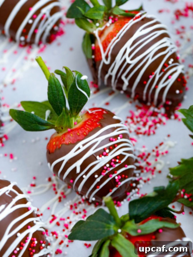 A close-up view of chocolate-covered strawberries beautifully adorned with an assortment of colorful sprinkles and chopped nuts, showcasing diverse topping options.