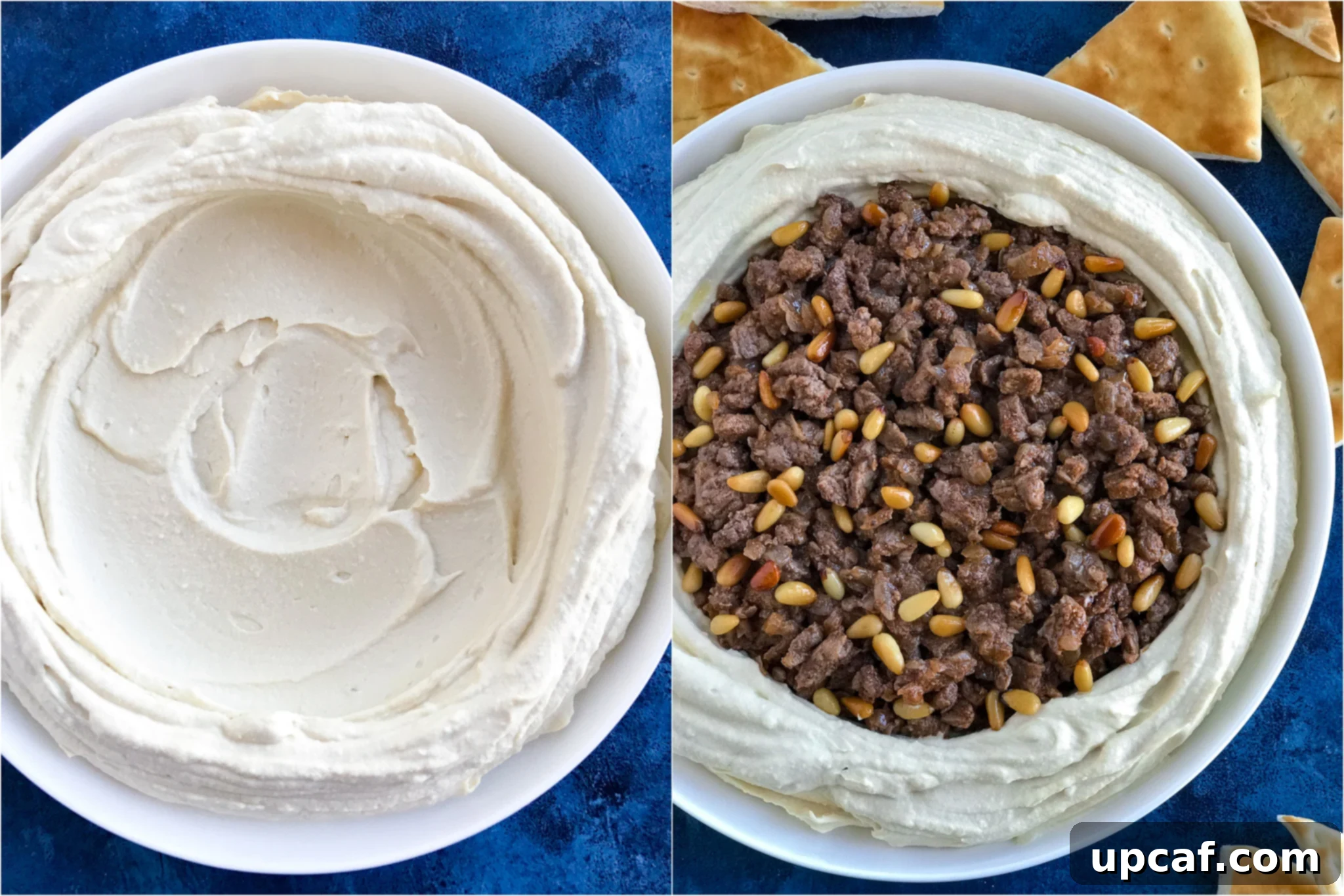 Lebanese Hummus with Savory Spiced Meat 5 Two side by side photos of Lebanese Hummus in white bowls. The left photo shows plain hummus in the bowl and the right photo shows the hummus topped with spiced meat.