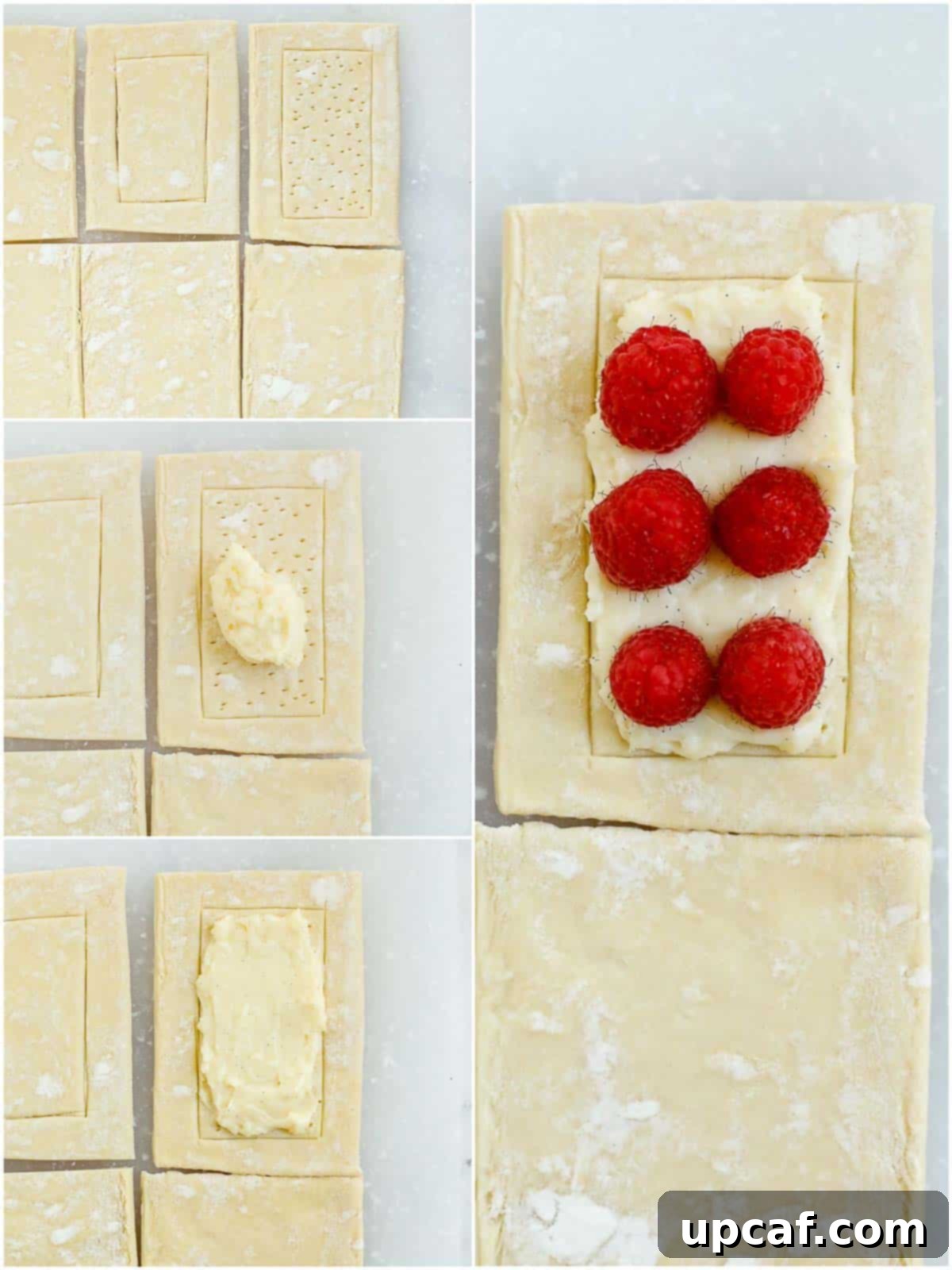 A sheet of puff pastry prepared with pastry cream and fresh raspberries, arranged on a baking sheet and ready for the oven.