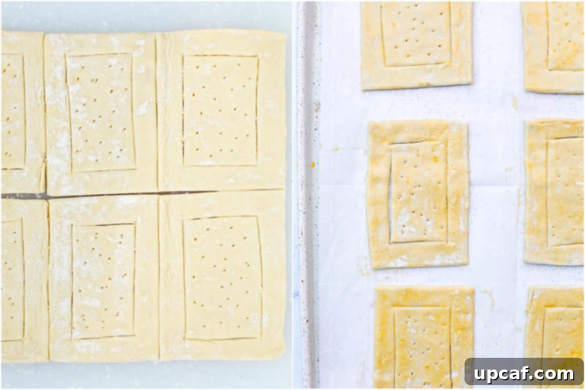 A sheet of puff pastry, meticulously prepped and scored, ready for baking into individual tart shells.