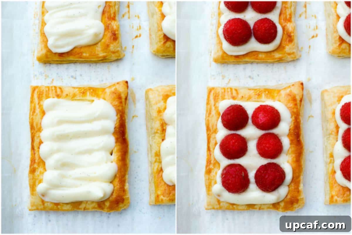 A close-up of a beautifully filled puff pastry, adorned with luscious pastry cream and topped with fresh, vibrant raspberries, ready to be enjoyed.