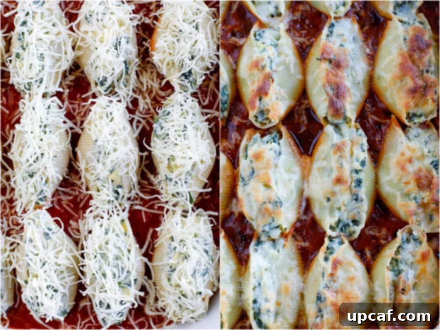 Stuffed shells before they bake in the oven on the left and stuffed shells after they bake in the oven on the right.