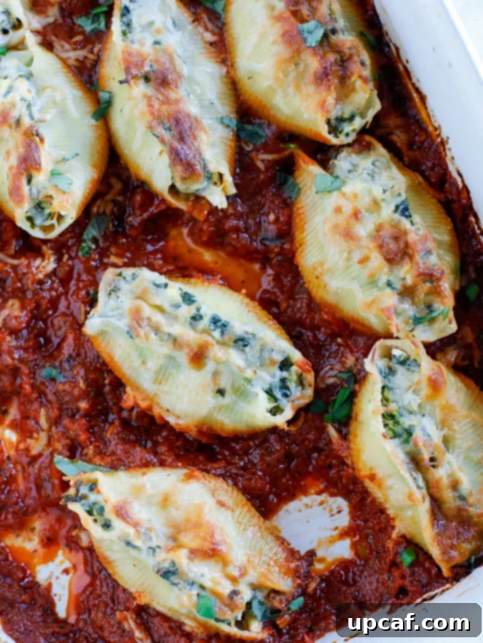 A baking dish with spinach artichoke stuffed shells in tomato basil marinara sauce, topped with melted cheese and fresh basil.