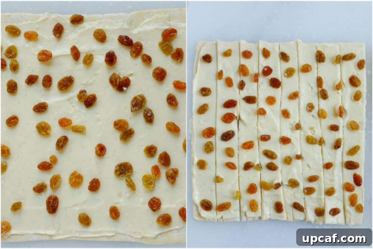 Effortless Pain Aux Raisins 11 process showing how to cut the pastry sheets into 1 inch thickness.