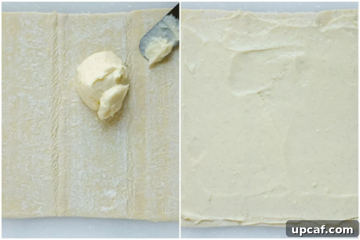 Effortless Pain Aux Raisins 10 before and after spreading the creme patissiere on the pastry sheet.