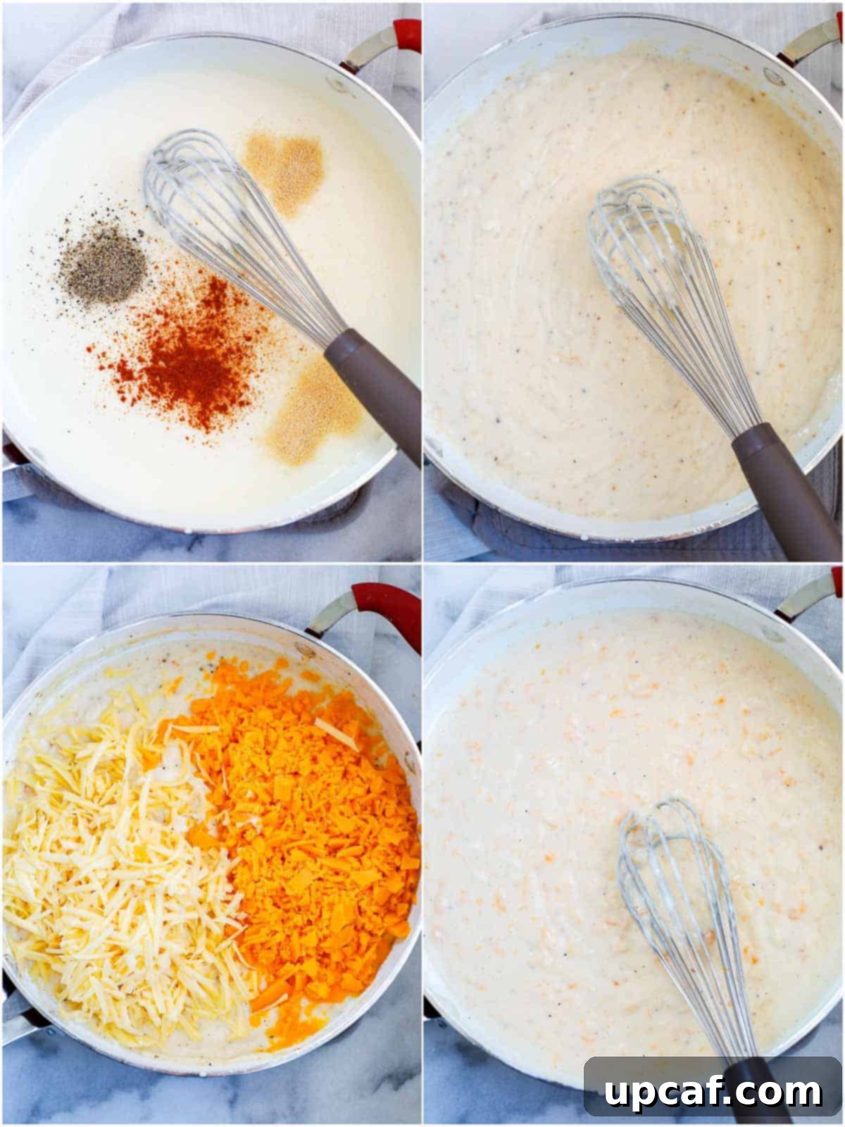 Golden Baked Creamy Mac & Cheese 3 A close-up of creamy, golden cheese sauce simmering in a skillet, ready to be mixed with pasta.