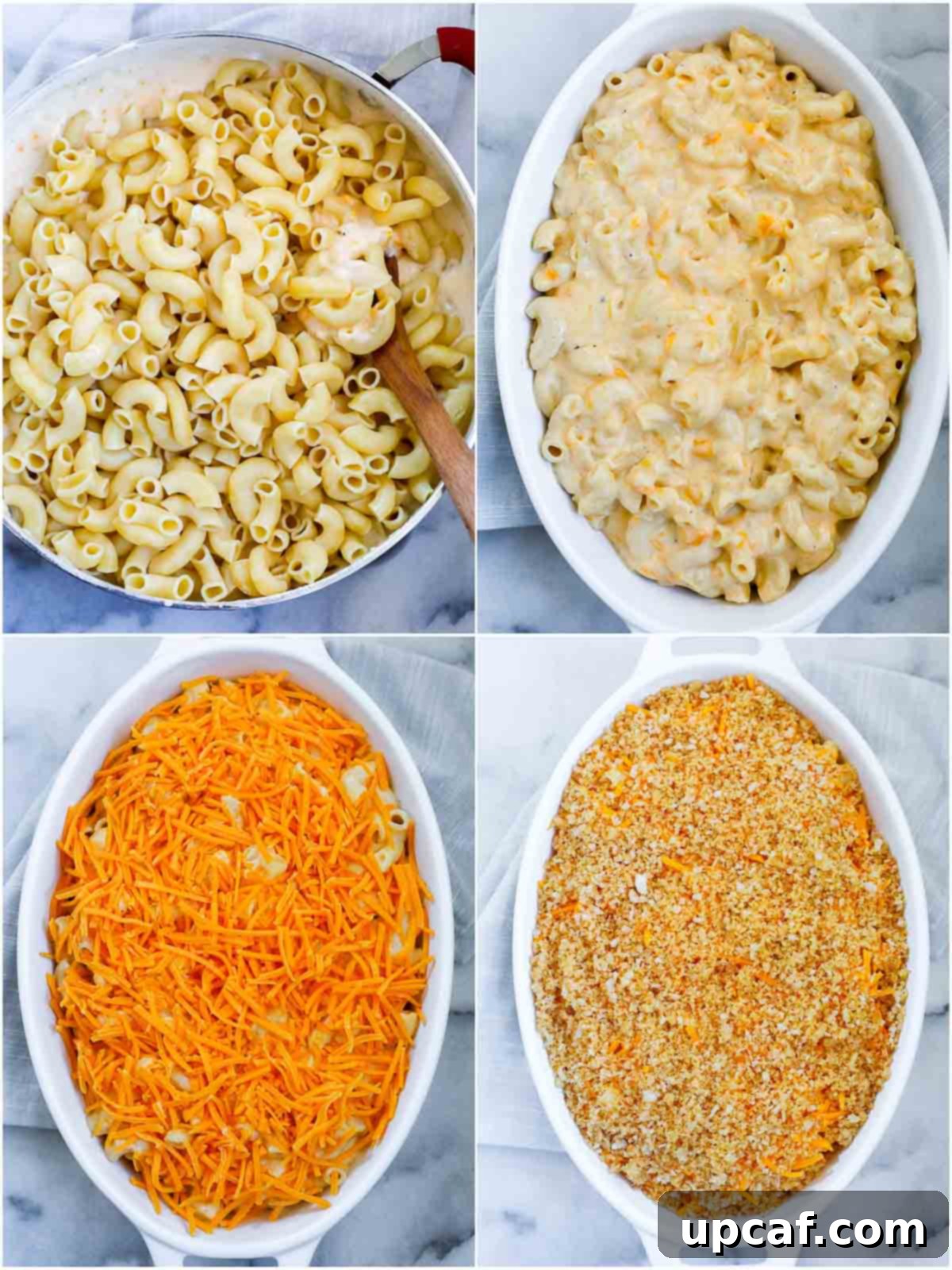 Golden Baked Creamy Mac & Cheese 4 A baking dish filled with mac and cheese, topped with shredded cheddar and panko breadcrumbs, ready for the oven.