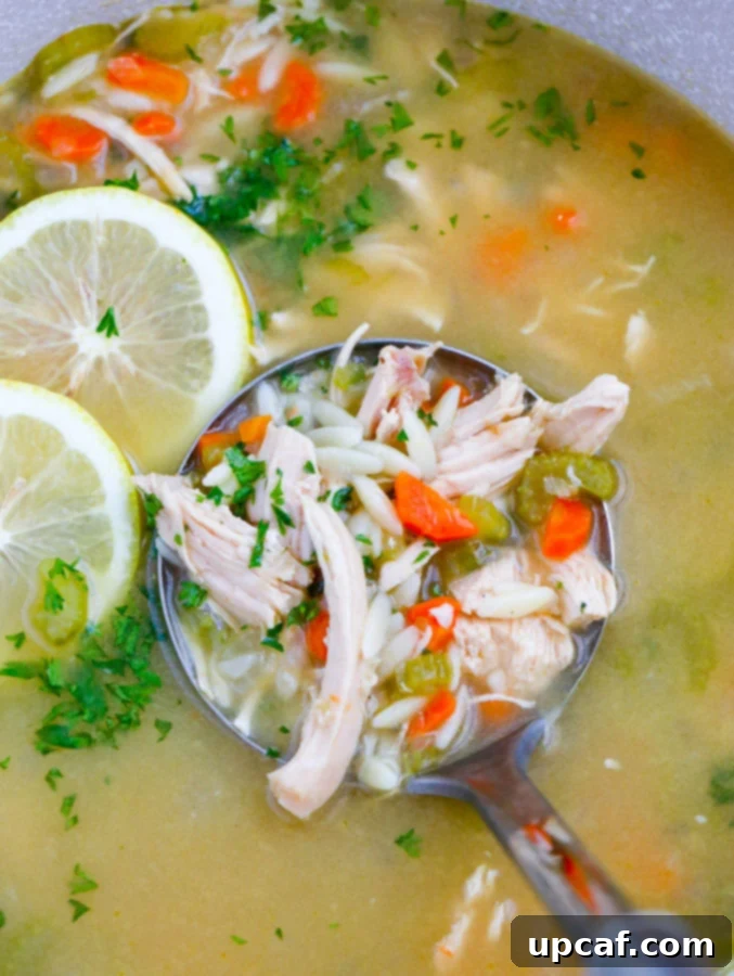 Bright Lemon Chicken Orzo Soup 5 A ladle scooping up steaming lemon chicken orzo soup from a pot, showcasing its hearty texture.