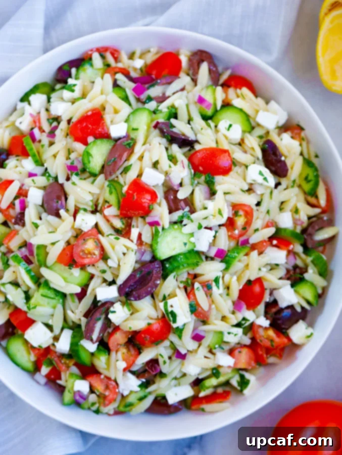 Delicious Greek Orzo Salad with fresh vegetables and feta