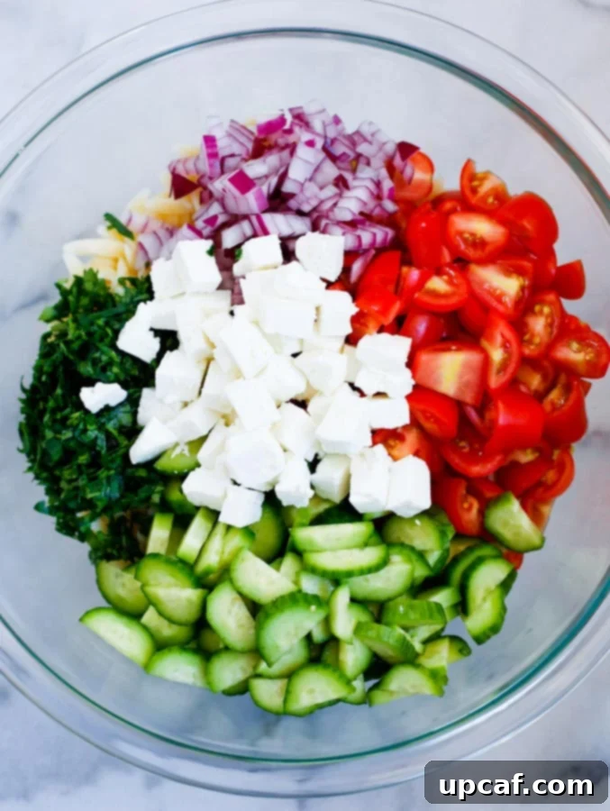 Assortment of fresh diced vegetables for Greek Orzo Salad