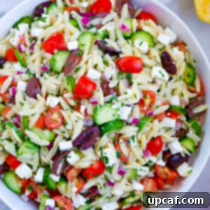 Overview image of the finished Greek Orzo Salad