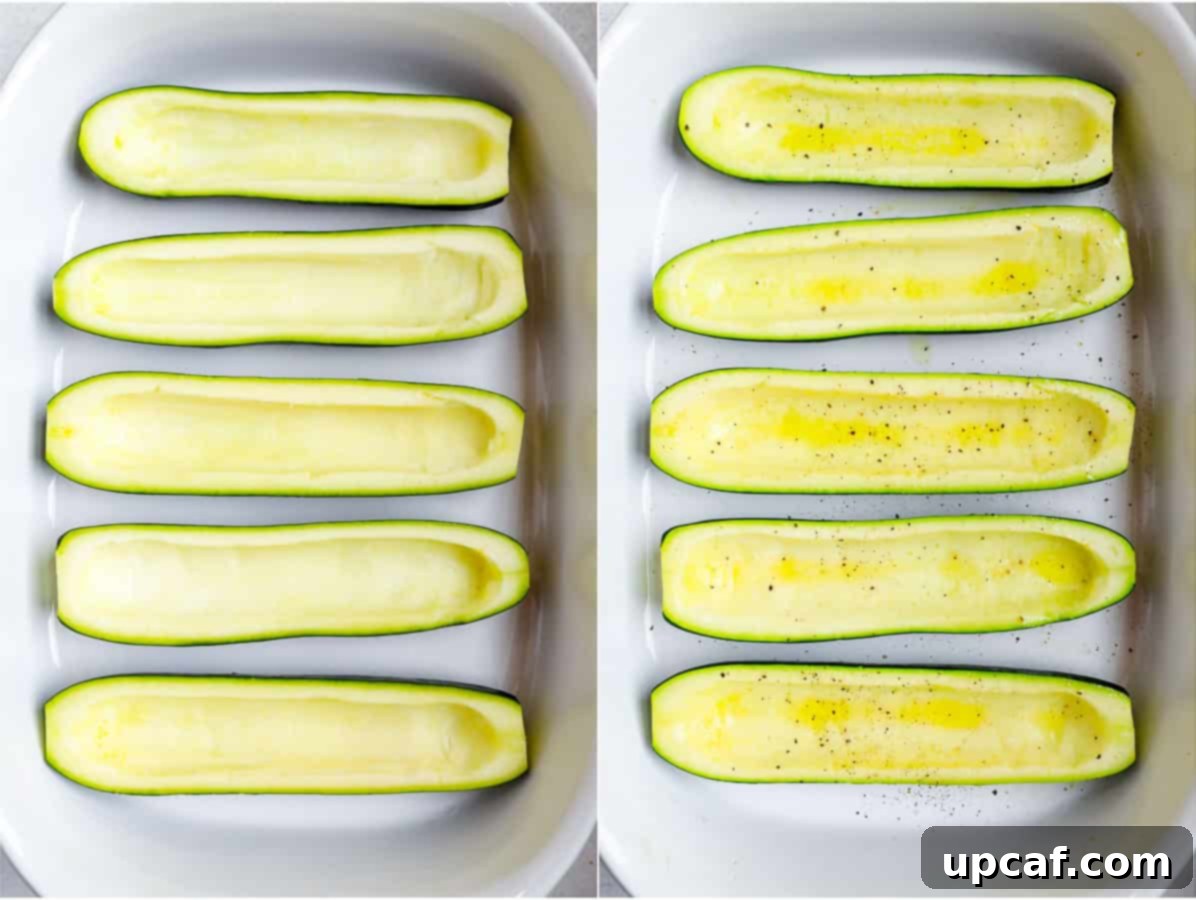 Loaded Zucchini Boats 3 Hollowed out zucchini boats, seasoned and ready for initial baking.