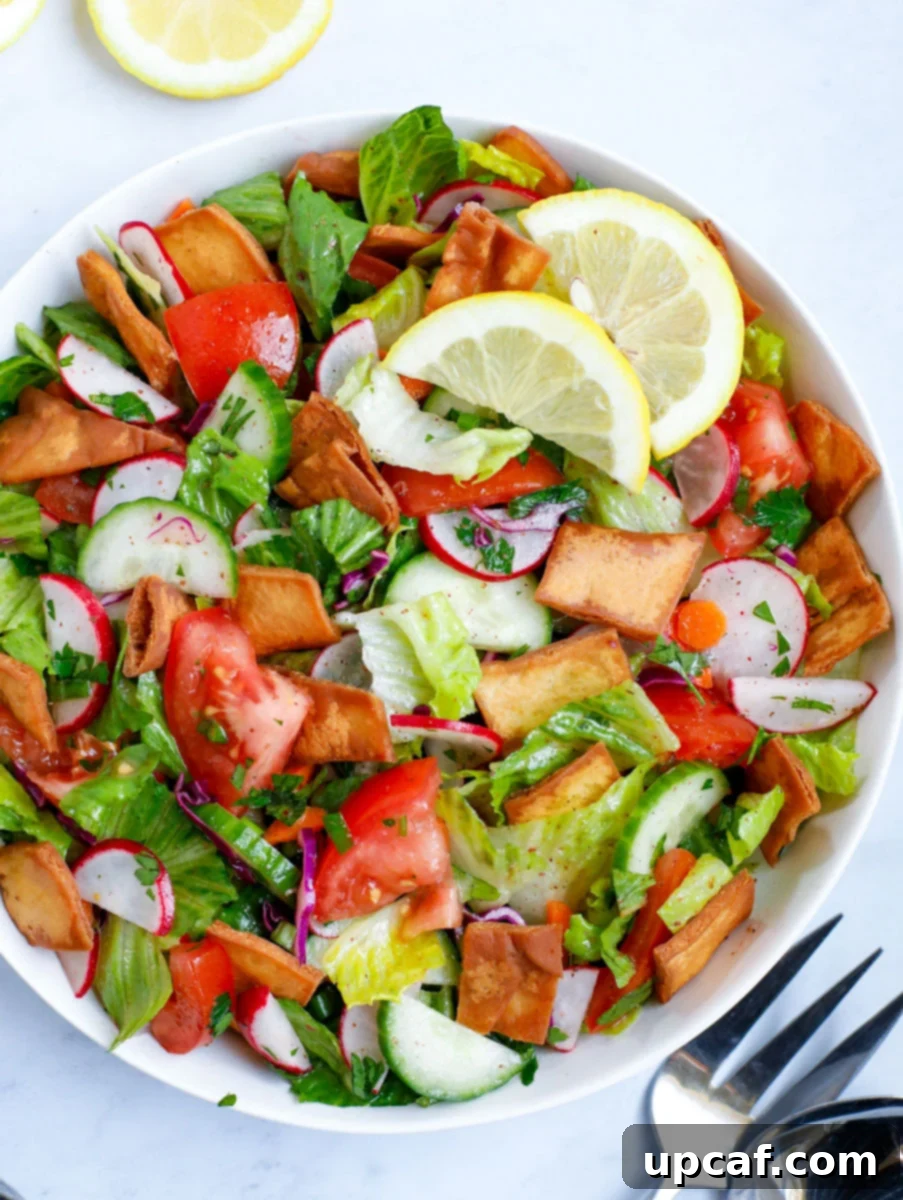 Lebanese Fattoush salad served in a white bowl with lemon slices.