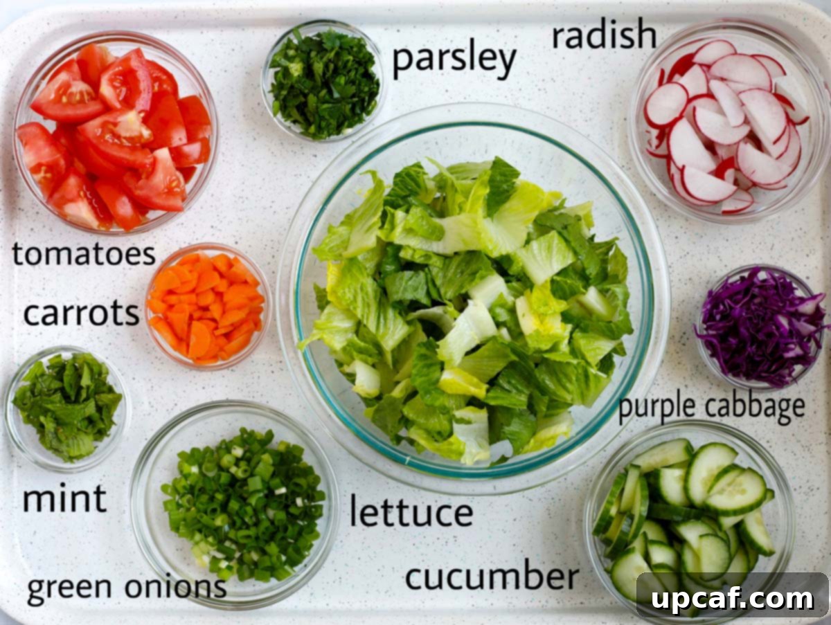 Ingredients to make fattoush salad.