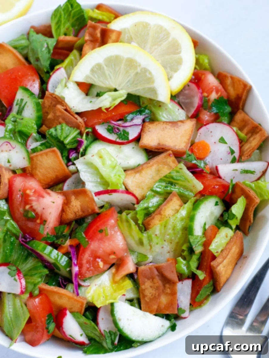 Close up of the made fattoush salad in a bowl.