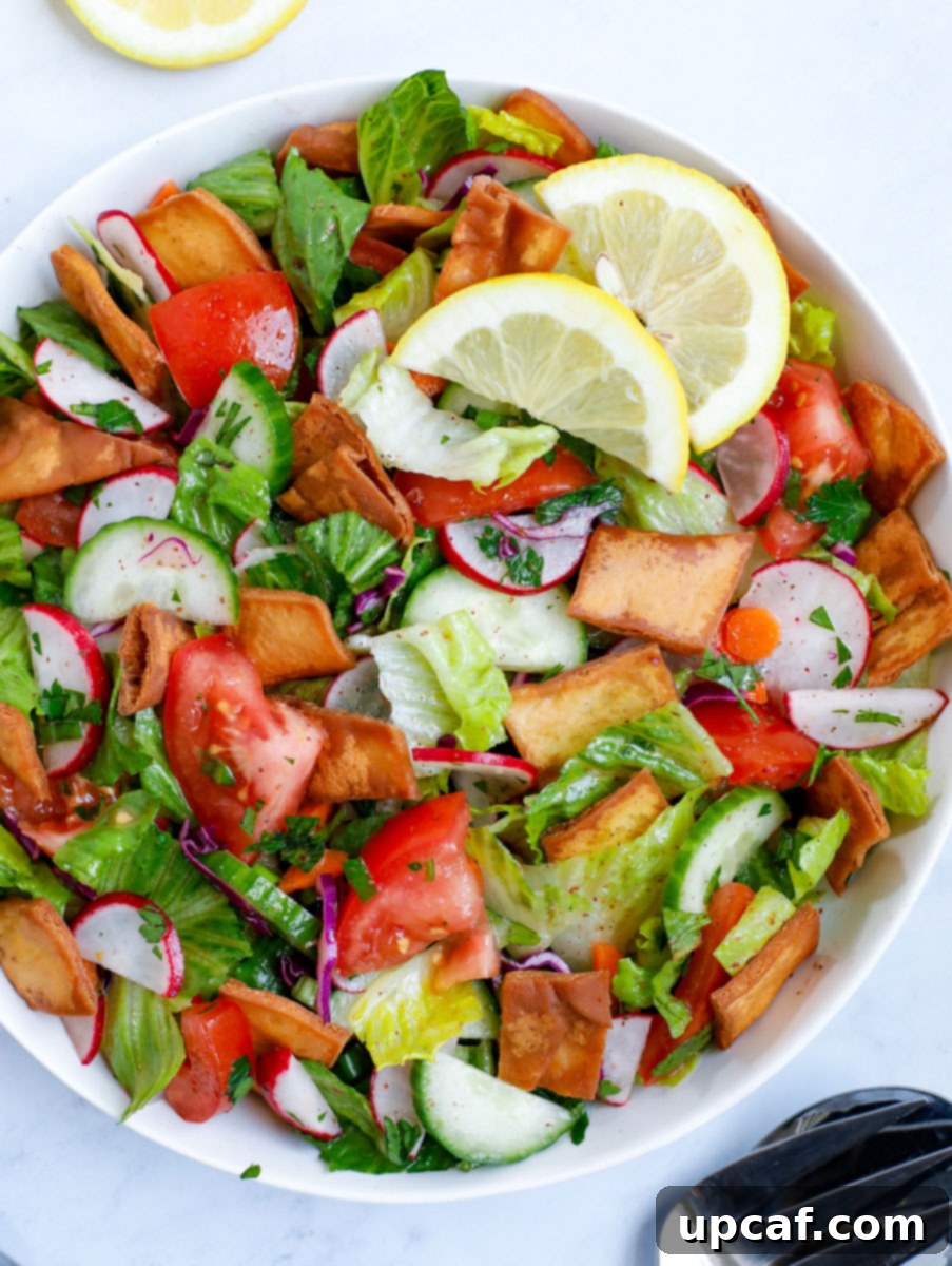 Fattoush salad served in a white bowl