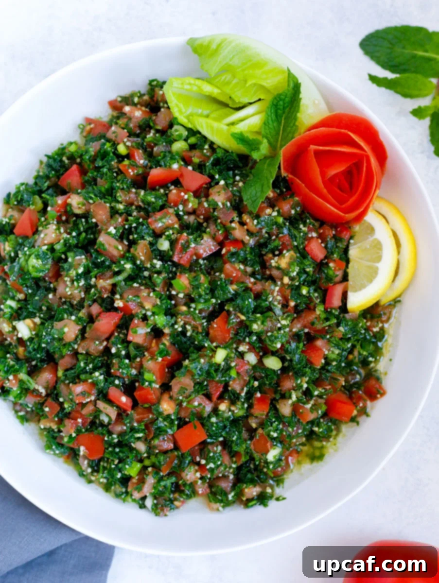Lebanese tabbouleh salad served in a large white bowl