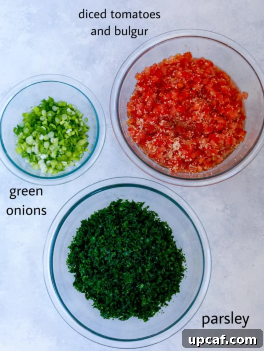 Ingredients to make the salad in three glass bowls