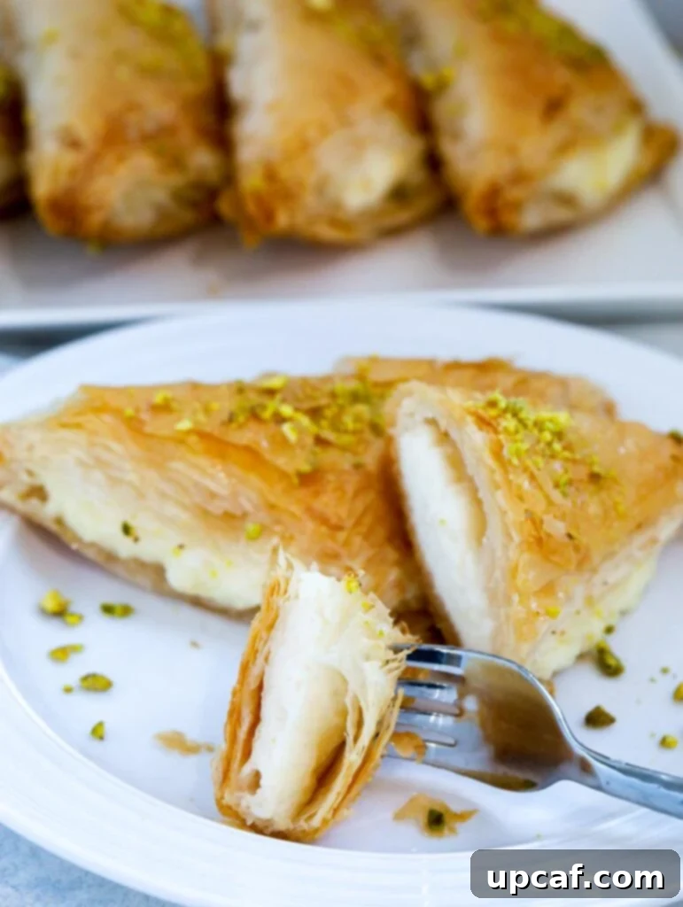 a piece of shaabiyet cut in a plate with a fork holding it