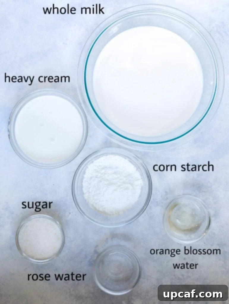 ingredients for ashta cream, milk, sugar, corn starch, heavy cream, orange blossom water, rose water