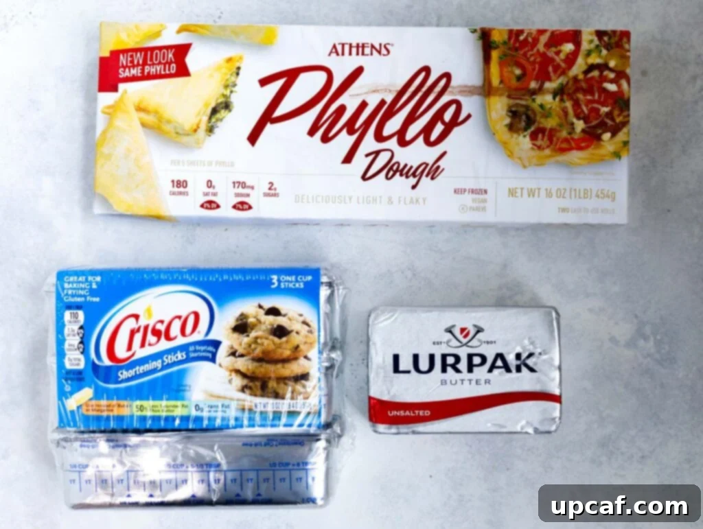 phyllo dough, crisco shotening and unsalted butter