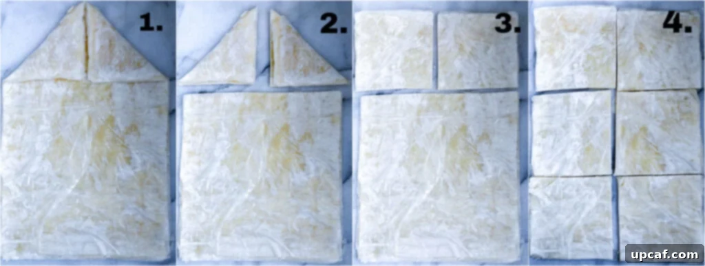 demonstration on how to cut the phyllo sheets into squares