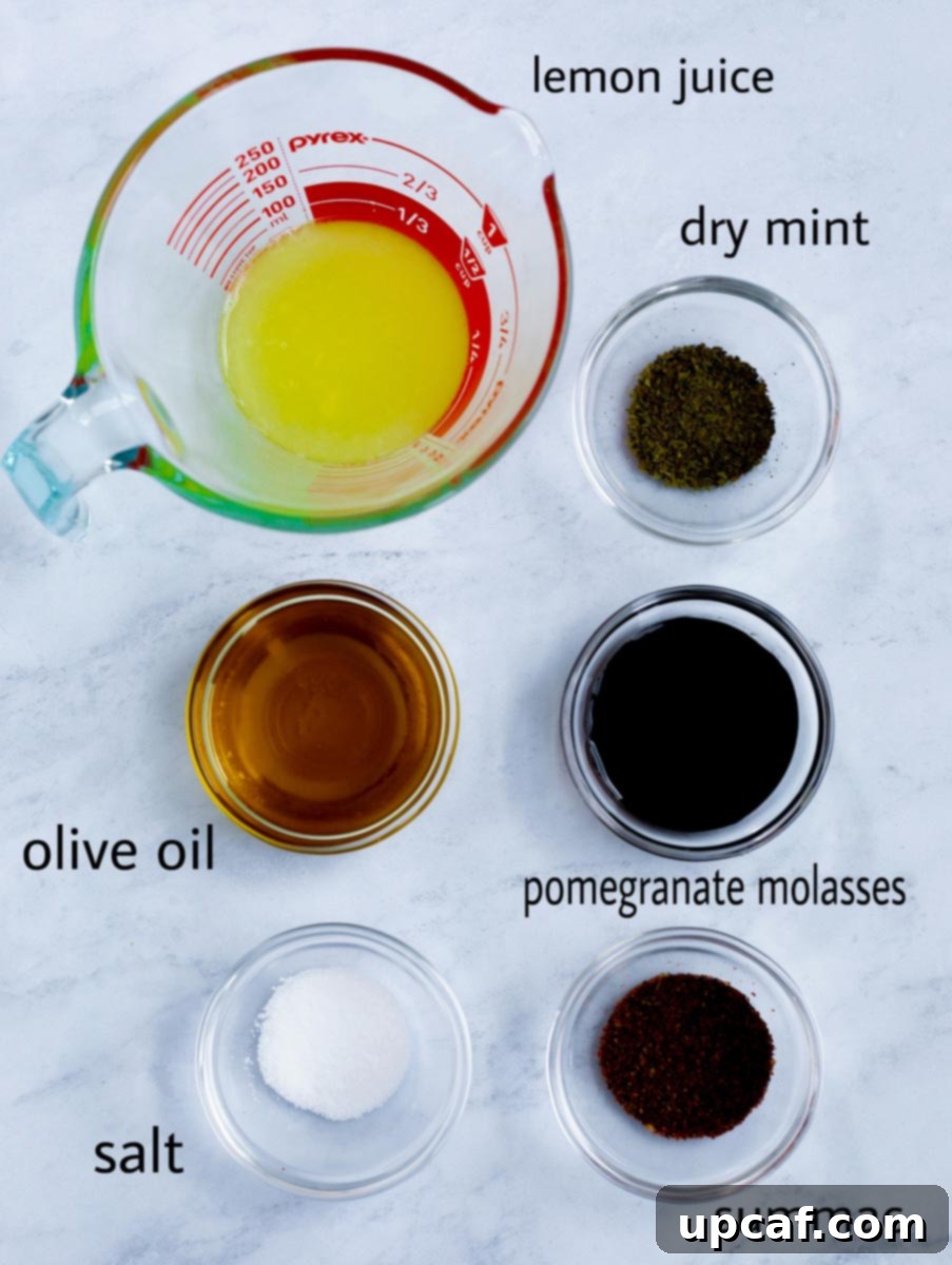 Crisp Cabbage Fattoush 4 Small glass containers holding the fresh lemon juice, olive oil, sumac, dried mint, pomegranate molasses, and salt for the Fattoush dressing.