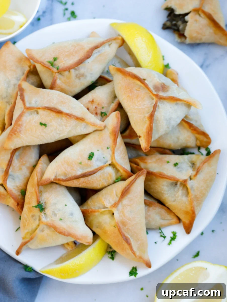 Lebanese Spinach Pie served on a plate with lemon wedges and garnished with parsley