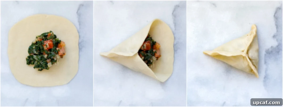 demonstration on how to close the spinach pie into a triangle shape