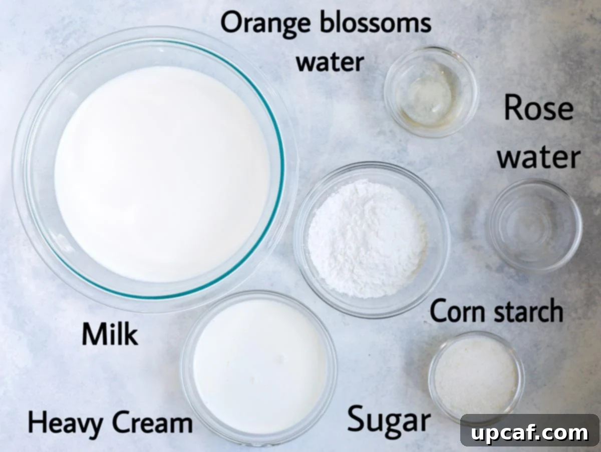 atayef filling mixture ingredients laid out. milk, cream, sugar, corn starch, rose water, orange blossoms water 