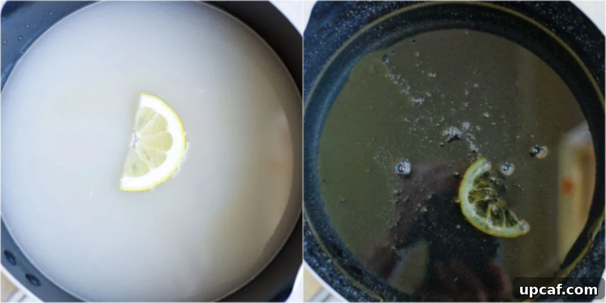 sugar syrup in a pot with a lemon wedge