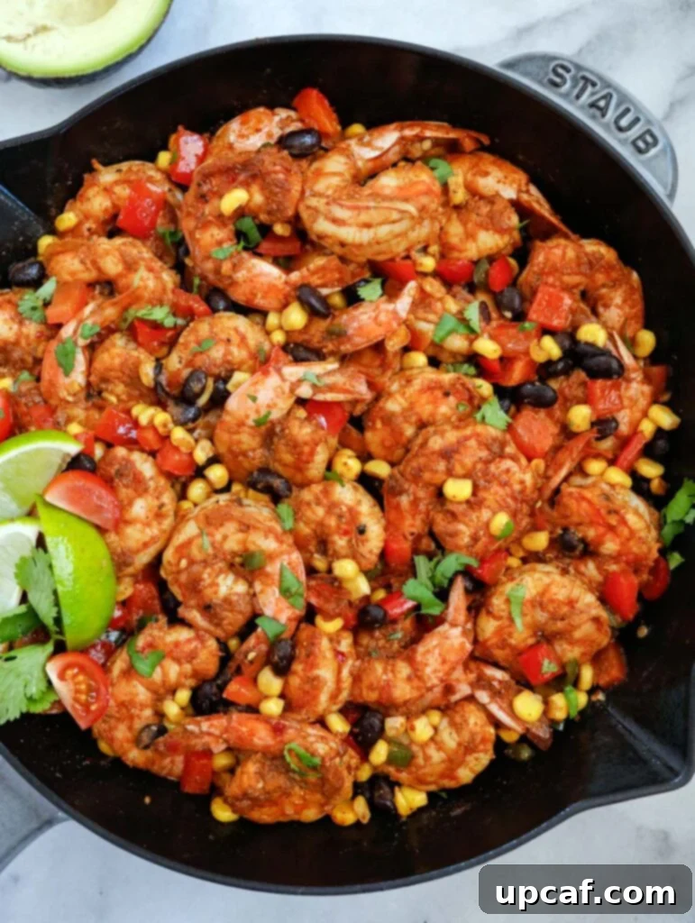 mexican shrimp in a skillet with lemon wedges and cilantro